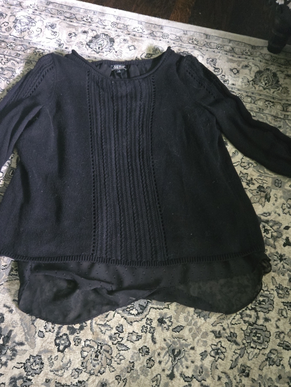 Lucky Brand Black Knit Sweater with Layered Chiffon Hem